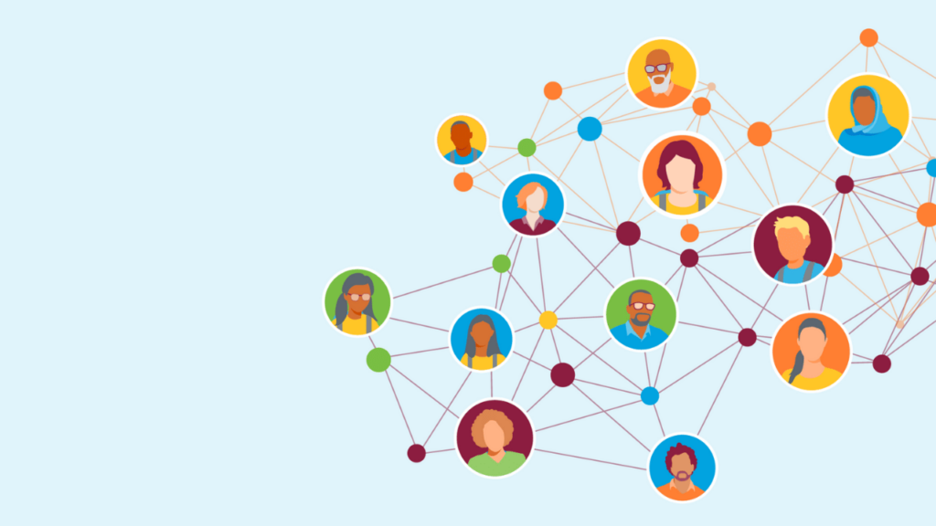 Network of educators illustration on light blue background