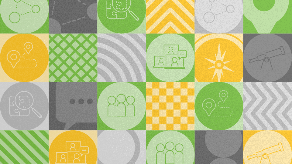 Illustration of icons in squares with a theme of exploring