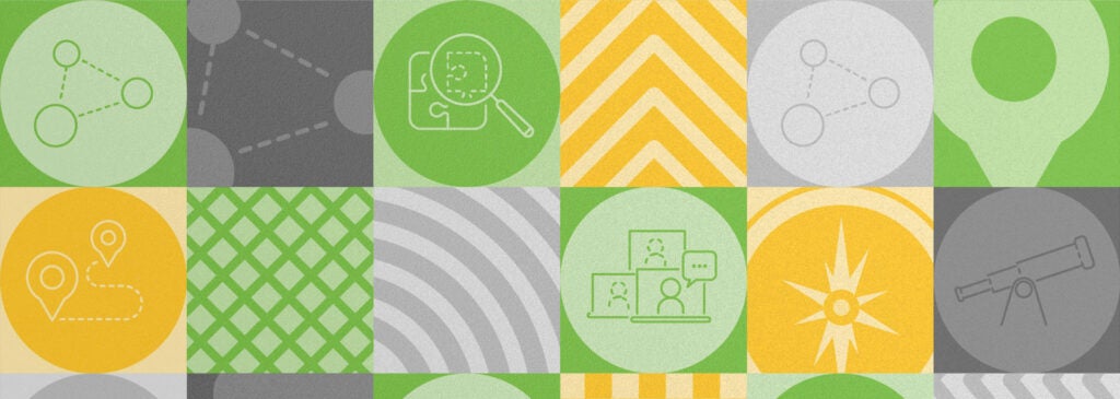 A graphic of green, yellow and gray shapes.